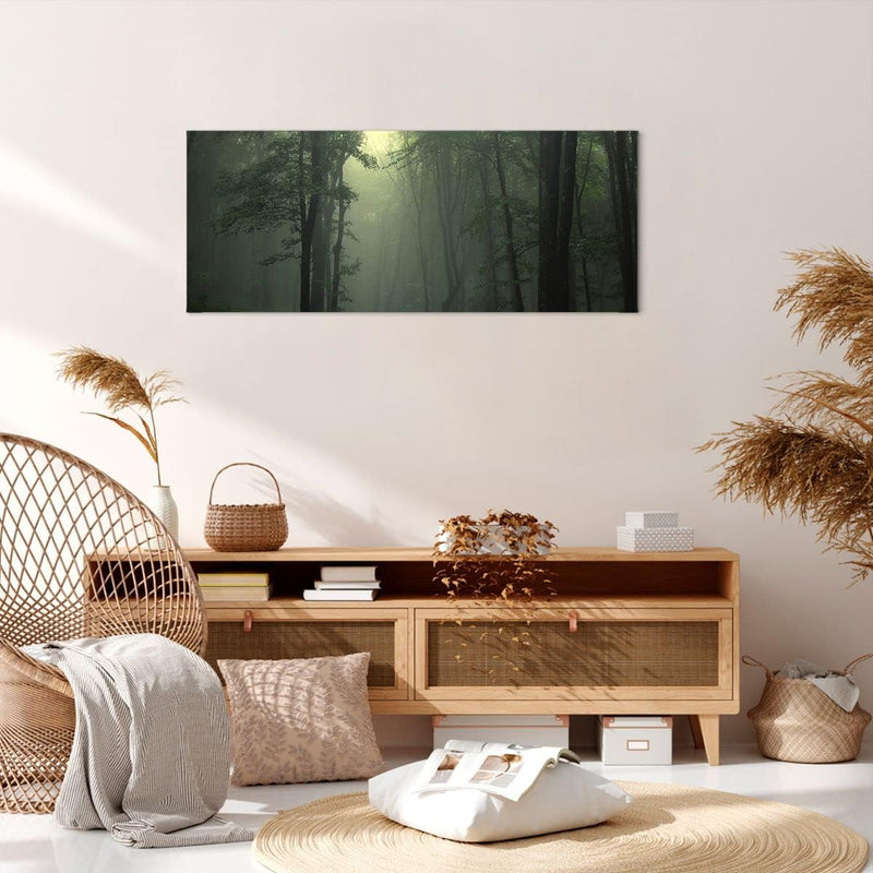 Panorama Bilder auf Leinwand 100x40cm Leinwandbild mit Rahmen Wald Nebel Baum Gross Wanddeko Bild Sc