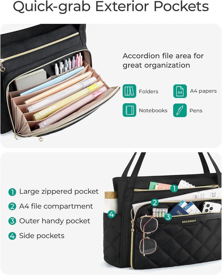 BAGSMART Lehrertasche 15.6 Zoll Laptoptasche Damen Gesteppt Arbeitstasche mit Datei-Organizer Aktent