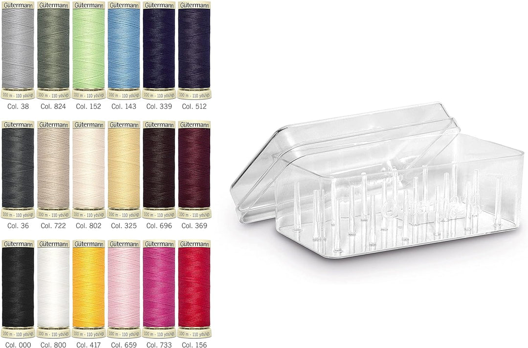 Gütermann creativ Nähfadenbox mit 18 Spulen Allesnäher 100 m in einer transparenten Aufbewahrungsbox