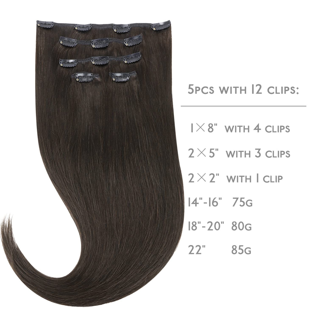 WENNALIFE Clip in Extensions Echthaar, 75g 5pcs 40cm Dunkel Braun Extensions Clip in Remy Clip in Ex