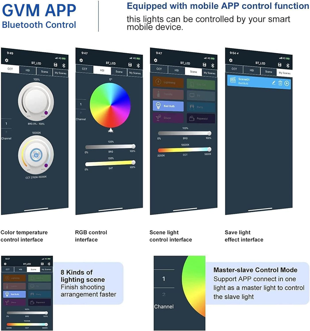 GVM RGB Videolicht Panel mit Stativ Set, 75W LED Videoleuchte mit APP-Steuerung, 3200K-5600K LED Stu