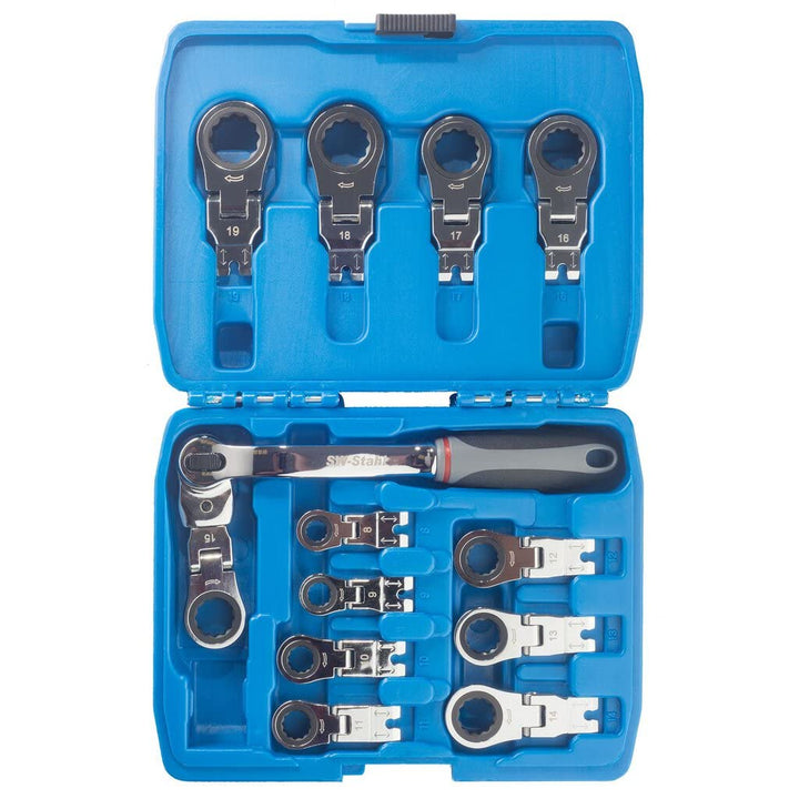 SW-Stahl S1588 Ringratschenschlüssel Set 8-19 mm 13-teilg I Spezialratsche für komplexe Stellen Ring