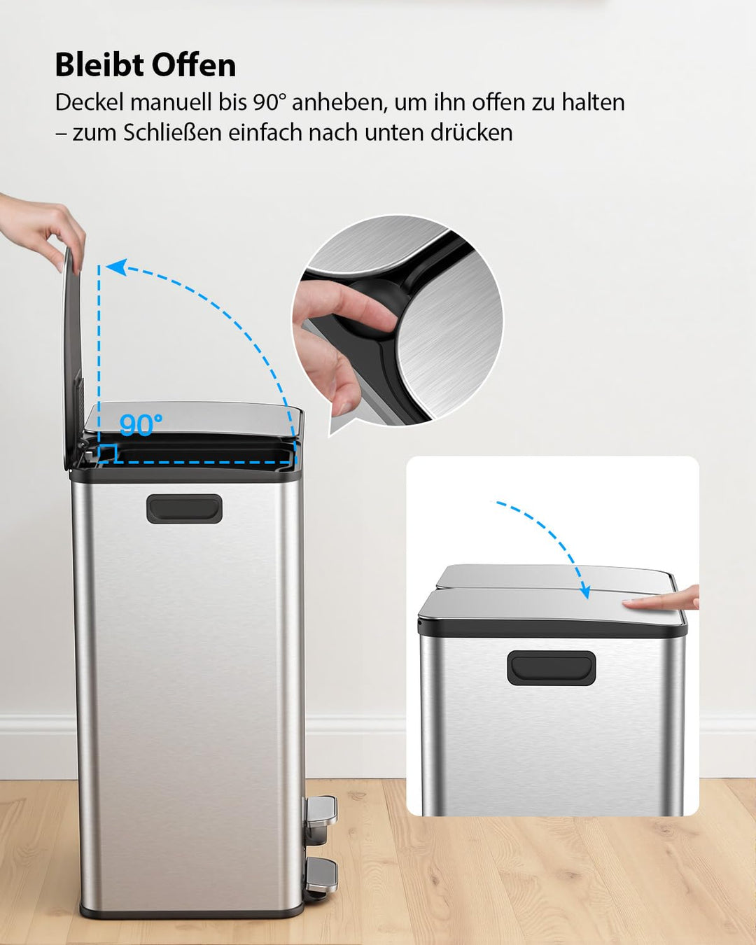 lovewind Mülleimer, 2 x 30L Mülleimer Küche, Doppeleimer für Recycling und Abfall, Silber, Mülleimer