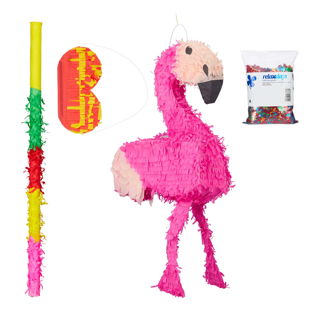 Relaxdays 4 TLG. Pinata Set Flamingo, XXL Sack Metallic Konfetti zum Befüllen, Pinatastock & Augenma