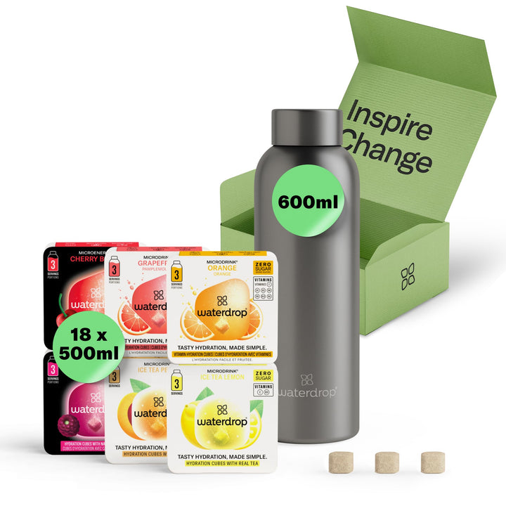 waterdrop® Starter Set - 600ml Trinkflasche mit Geschmack inkl. 18 zuckerfreie Drops - Geschenk für