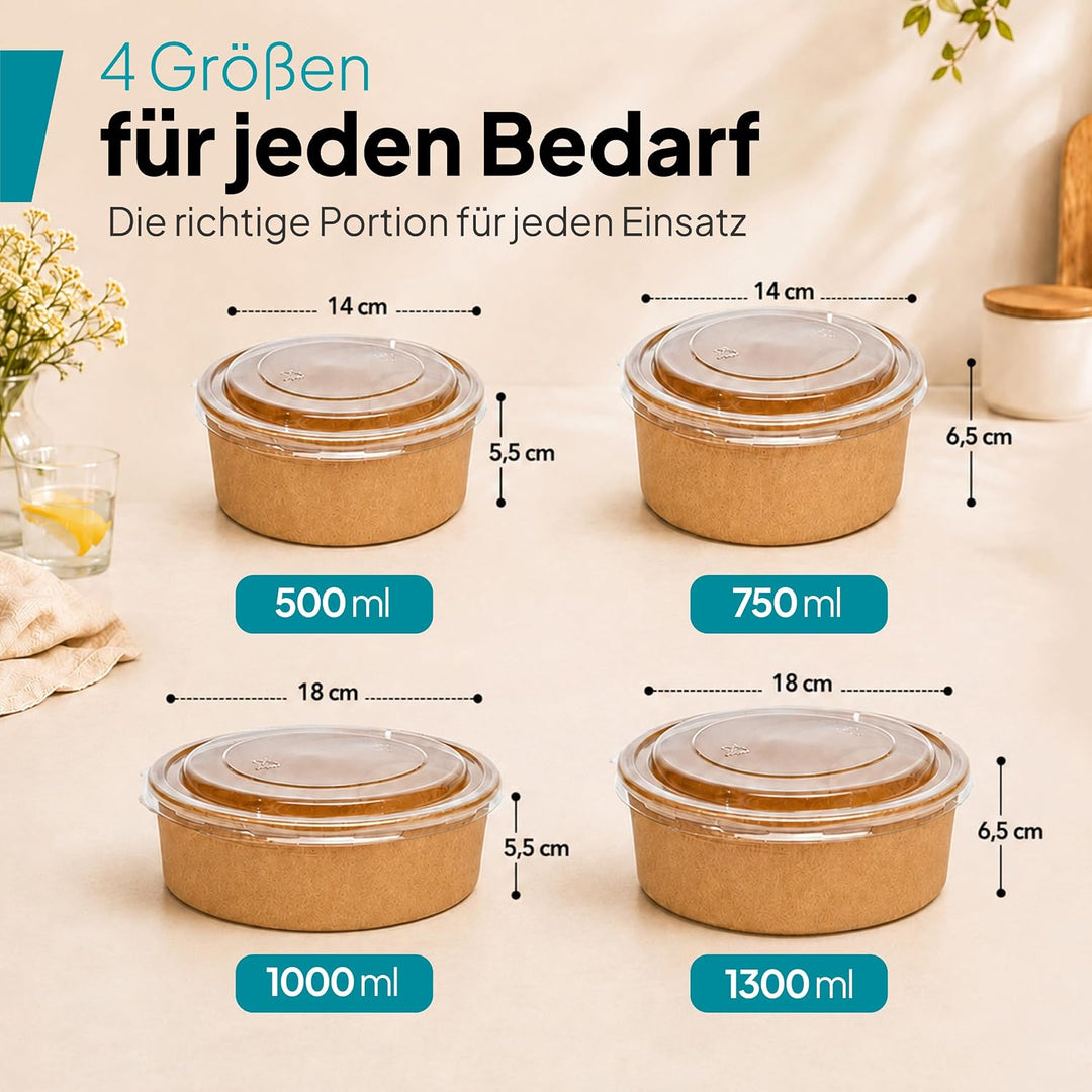 Commerline 1000ml Bio Salatschale Salatschalen | 150 Stk. Salat Schale Schalen Bowl Einweg mit Decke