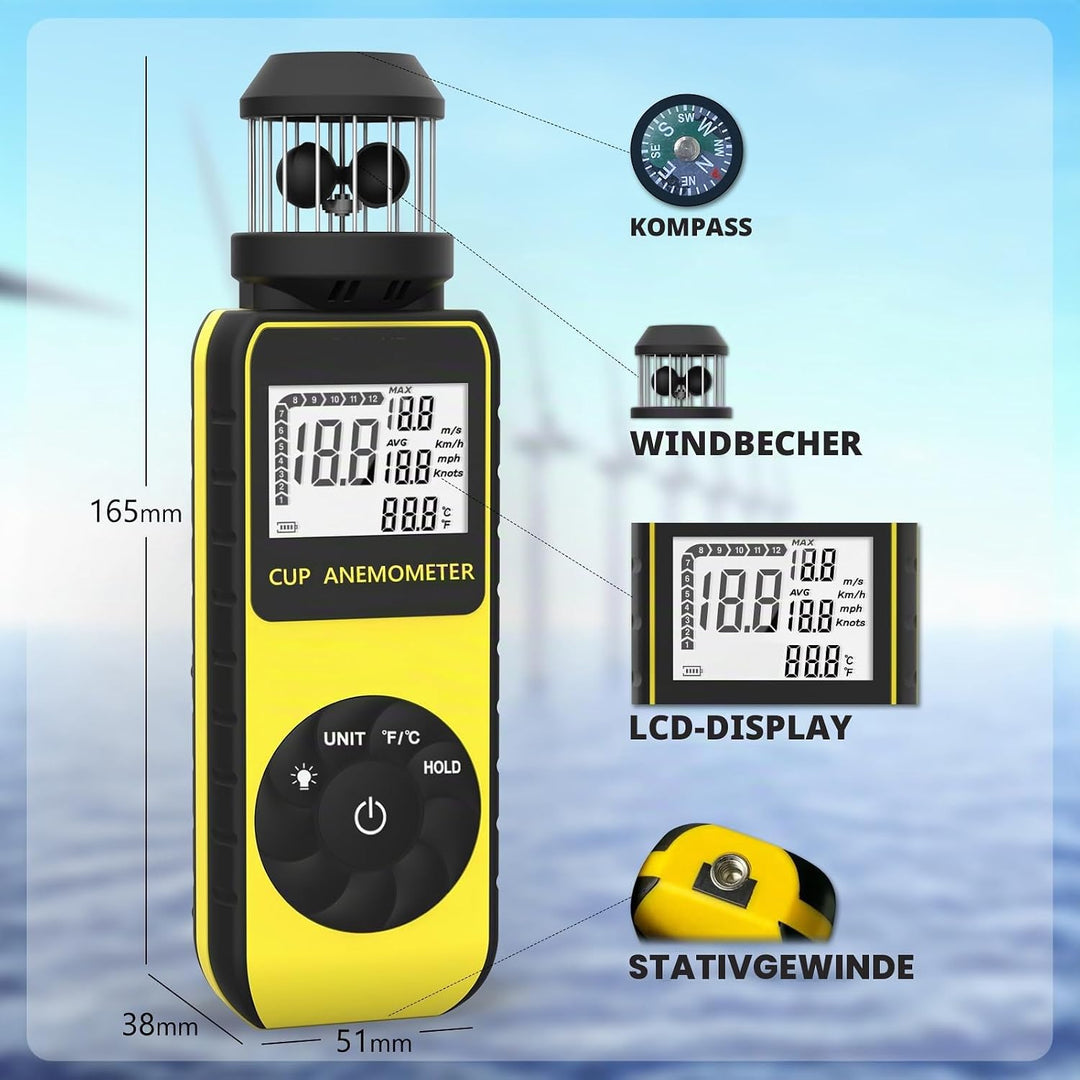 SURLABA Digital Windmesser, XF-881M Cup Anemometer ±4% Hoher Genauigkeit Wind Gauge Misst MAX/AVG Wi