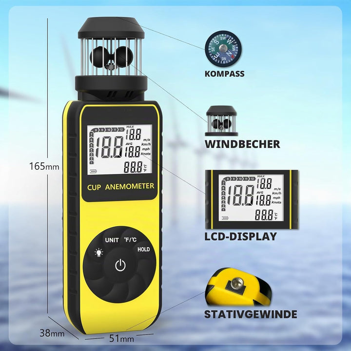 SURLABA Digital Windmesser, XF-881M Cup Anemometer ±4% Hoher Genauigkeit Wind Gauge Misst MAX/AVG Wi