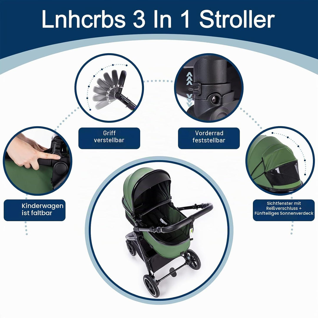 Kinderwagen 3 in 1, Reisesystem-Korb ist faltbar,Blaugrün 10Blau Grün, 10Blau Grün