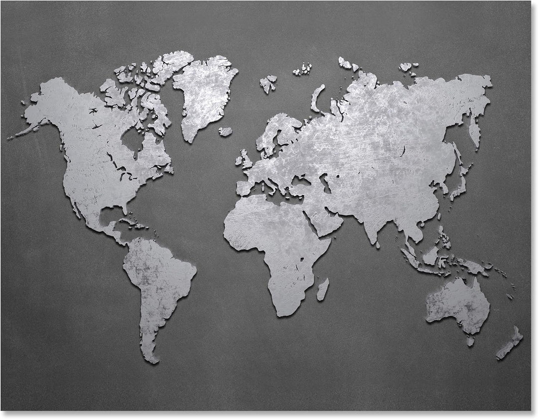 wandmotiv24 Weltkarte auf Leinwand, Grösse 80x60cm Querformat, metallische Landkarte, Metall Effekt,