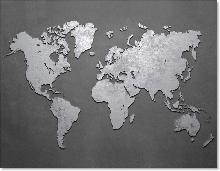 wandmotiv24 Weltkarte auf Leinwand, Grösse 80x60cm Querformat, metallische Landkarte, Metall Effekt,