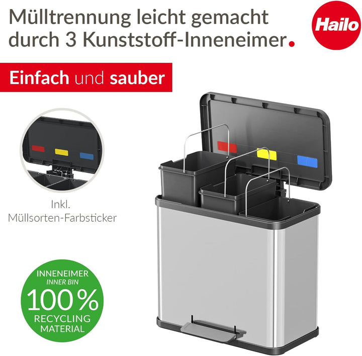 Hailo Öko trio Plus L | Mülltrenner 3 x 9 Liter | 27 Liter | Edelstahl | Soft Close Deckeldämpfung |