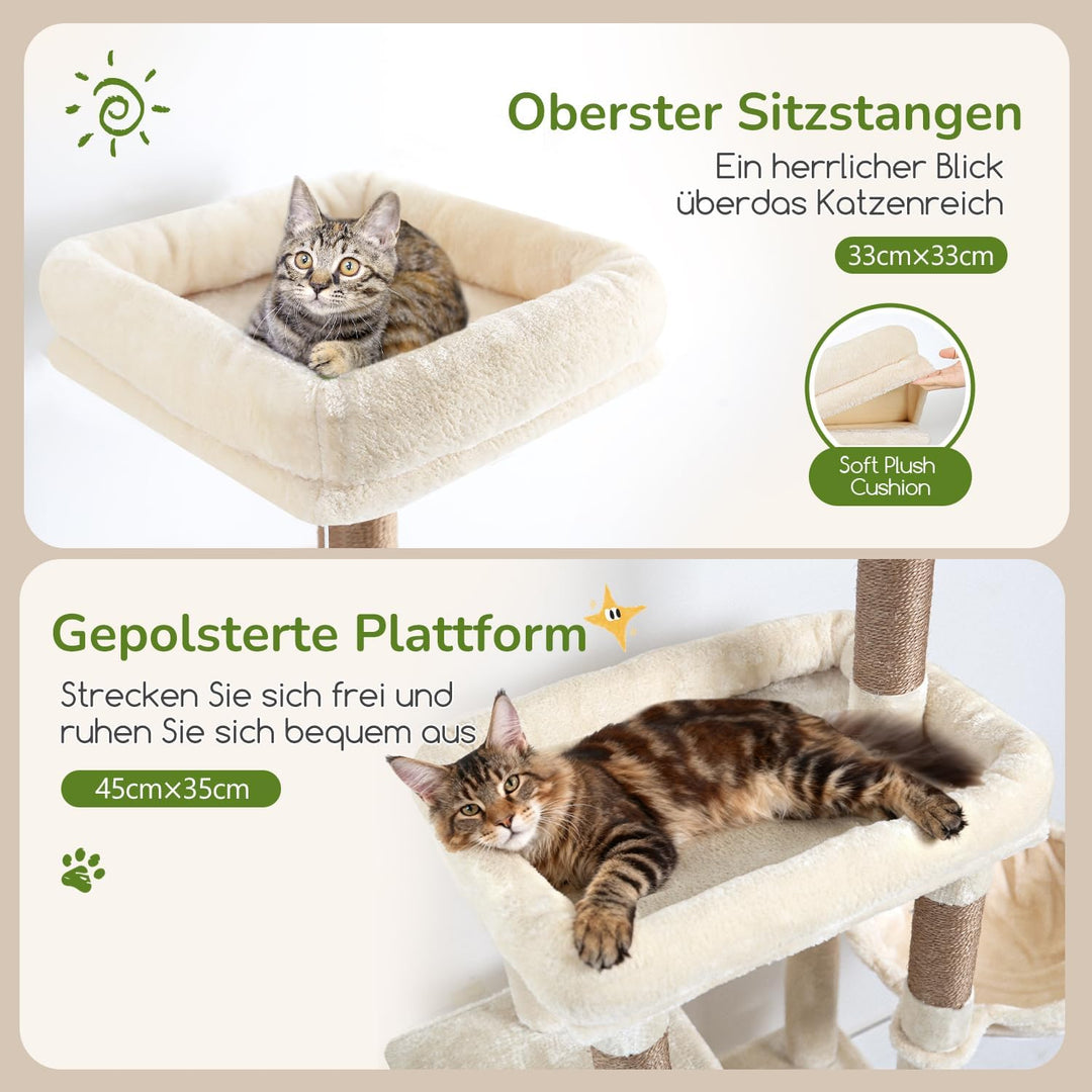 Globlazer Kratzbaum Beige mit 2 Katzenhaus, Grosse Gepolsterte Plattform, Sitzstangen, Katzenkorb, S