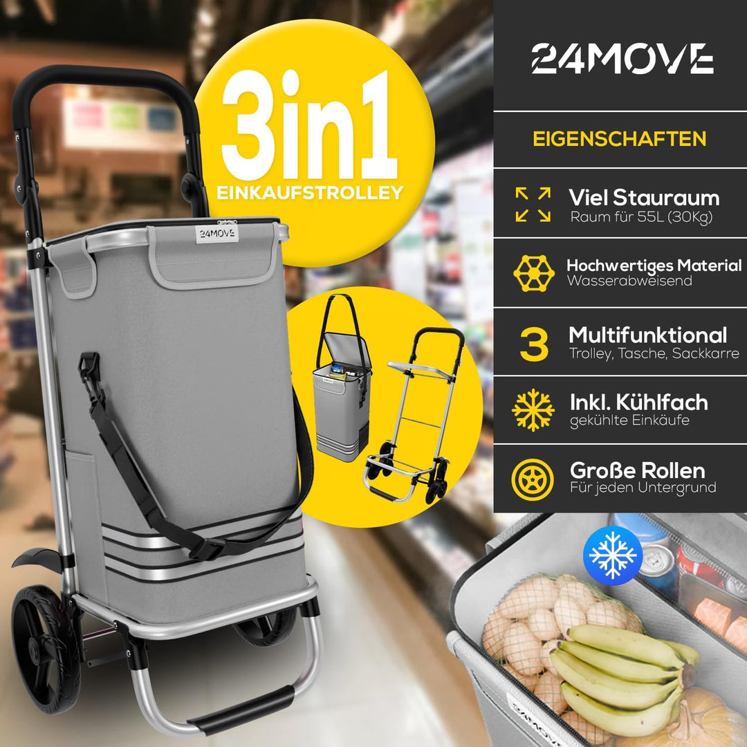 24MOVE® Einkaufstrolley Vehlo klappbar mit 55L inkl. Kühlfach, Faltbarer 3in1 Trolley - Sackkarre un