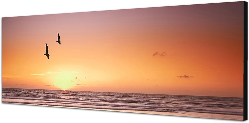 Paul Sinus Art Panoramabild auf Leinwand und Keilrahmen 150x50cm Strand Meer Sonnenuntergang Möwen