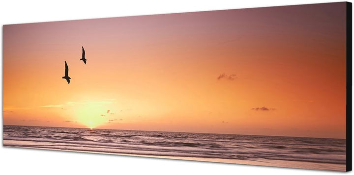 Paul Sinus Art Panoramabild auf Leinwand und Keilrahmen 150x50cm Strand Meer Sonnenuntergang Möwen