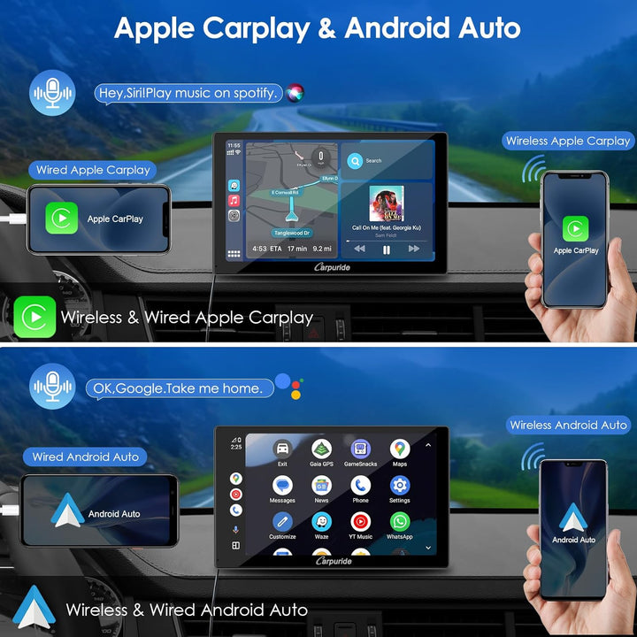 CARPURIDE C98 Kabelgebundenes/Kabelloses Carplay & Android Auto Tragbares Autoradio, 9-Zoll-HD-Touch