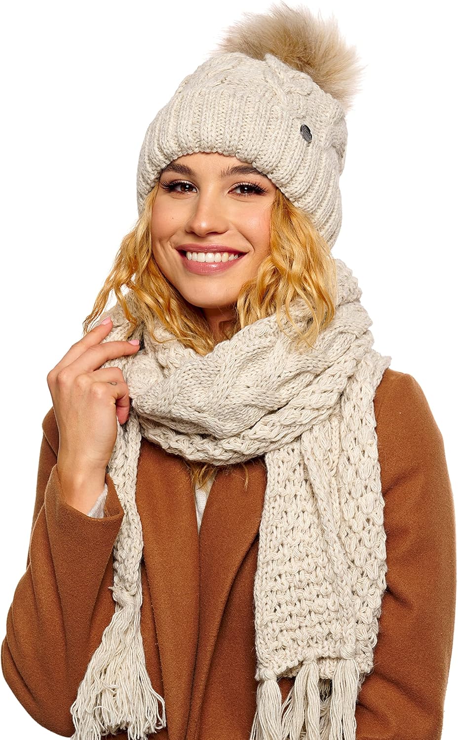 Winter Mütze Damenmütze mit Fell-Bommel Fleece Innenfutter gefüttert - warme Damen Bommelmütze Stric