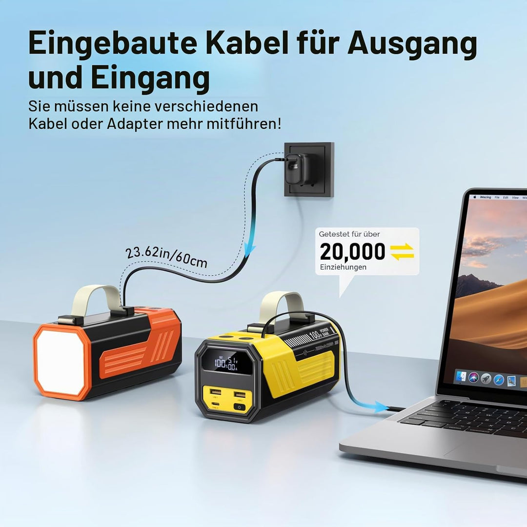 Laptop Powerbank 70000mAh, Power Bank 100W USB-C mit integriertem &amp; einziehbarem Kabel, Externer Akk