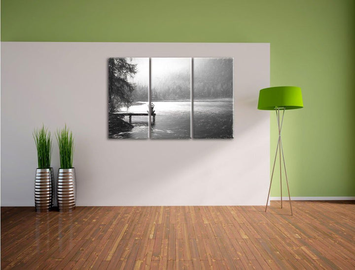 Pixxprint Yoga am See Kunst / 3-Teilig/Gesamtmass 120cm Leinwandbild bespannt auf Holzrahmen/Wandbil