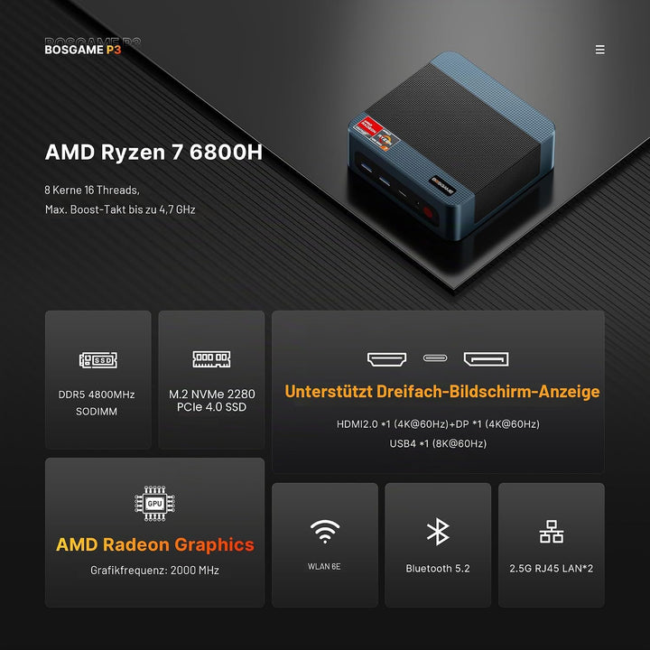 BOSGAME P3 Lite Büro-Gaming-Mini PC, Ryzen 7 6800H (bis 4,7 GHz), 32GB DDR5 RAM, 1TB PCIe 4.0 SSD Sm