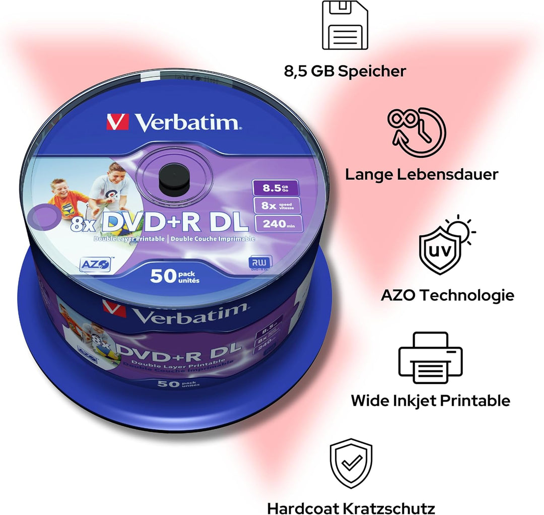 Verbatim DVD+R Double Layer Wide Inkjet Printable 8.5GB, 50er Pack Spindel, DVD Rohlinge bedruckbar,