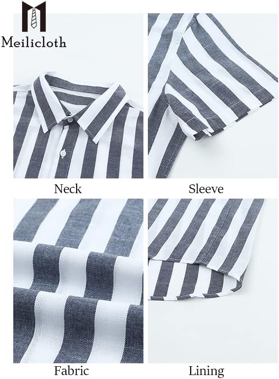Meilicloth Gestreiftes Hemd Herren Kurzarm Freizeithemd Sommer Casual Regular Fit B Navy Blau Weiss