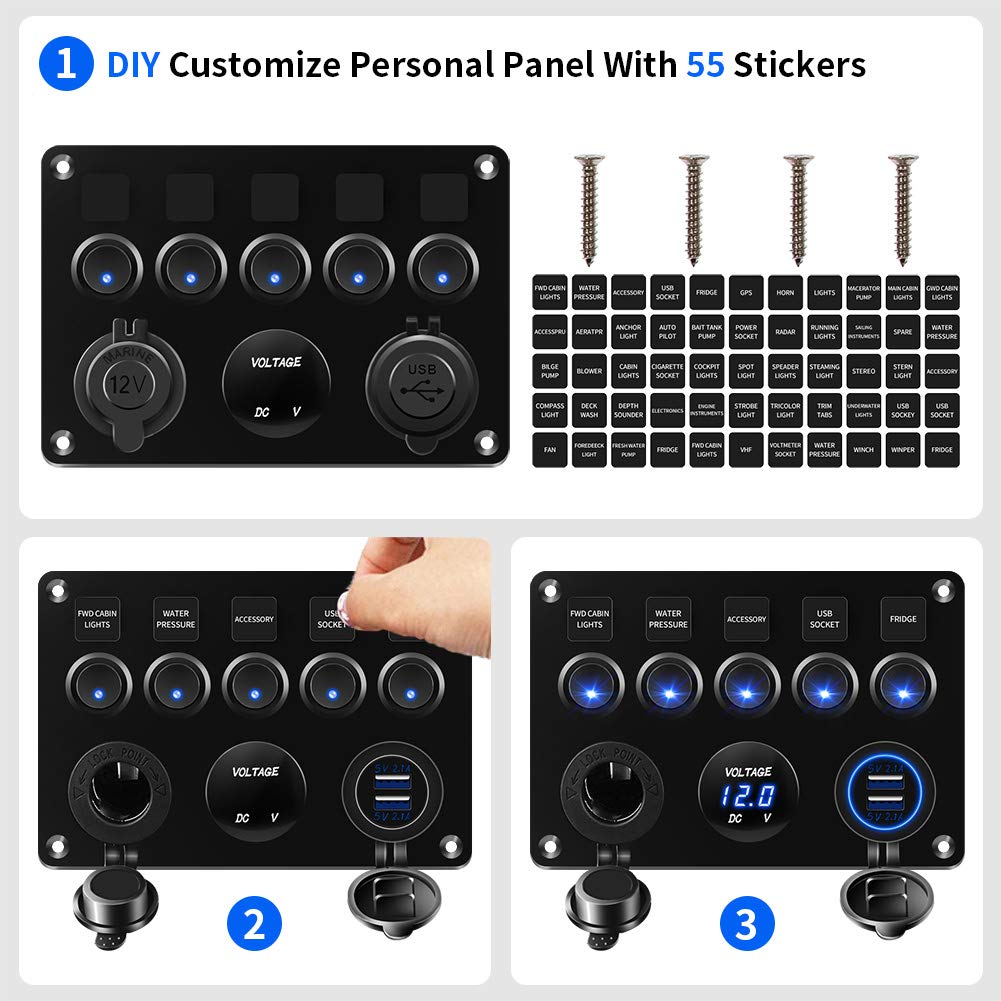 KAOLAI Schalter Panel 12V/24V 4.2A IP65 Wasserdicht Schalter Panel 12V Camper Dual-USB-Ladegerät LED