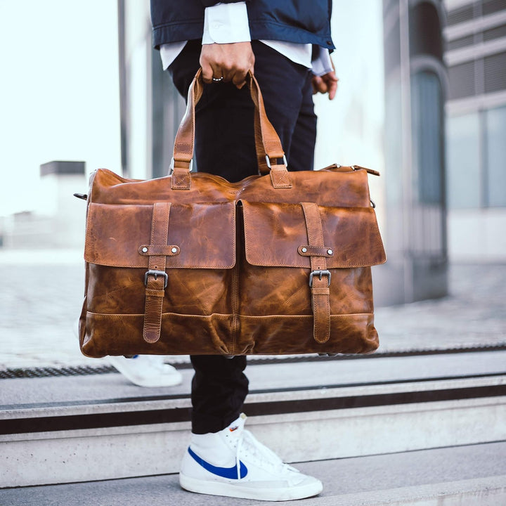 ALMADIH Leder Reisetasche Sporttasche Kane Premium Rindsleder BH Weekender Handgepäck Freizeit Gym F