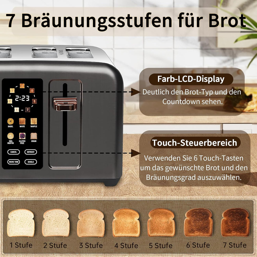 SEEDEEM Toaster 4 Slice, Stainless Toaster LCD Display&Touch Buttons, 50% Faster Heating Speed, 6 Br