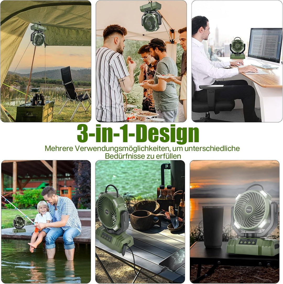 Camping Ventilator mit Akku 10000mAh, Tragbarer Ventilator Leise mit LED-Licht, 270° Rotieren Tischv