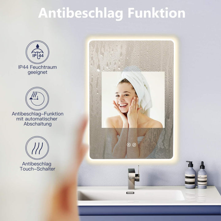 HOKO LED Badspiegel 50x70 cm / 70x50 cm Kansas mit Antibeschlag, Weisser Alurahmen, HOCH+QUER Montag