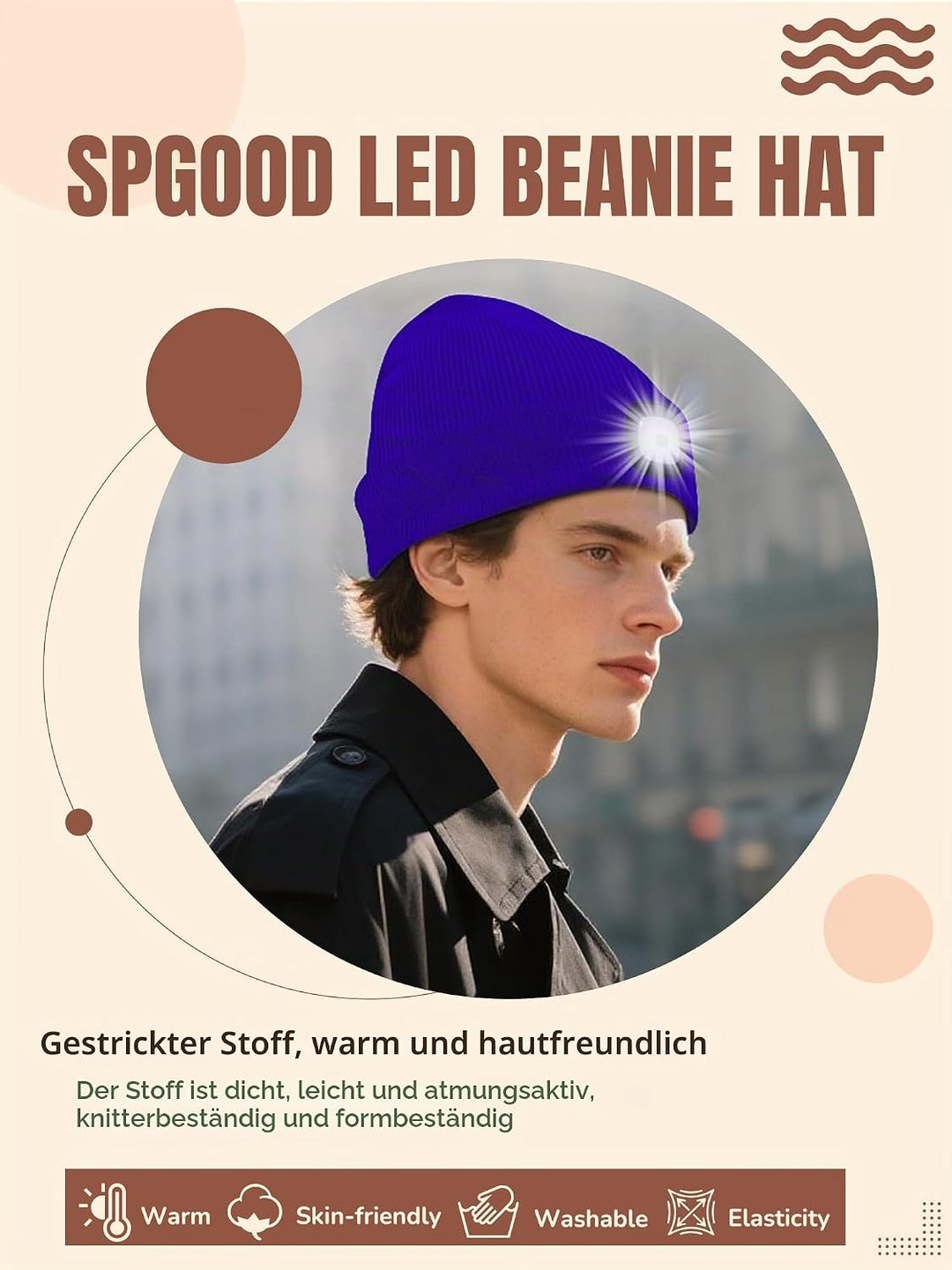 SPGOOD LED Beanie Beleuchtete Mütze mit Licht,Wiederaufladbare USB Winter Warm LED Mütze mit Licht,L
