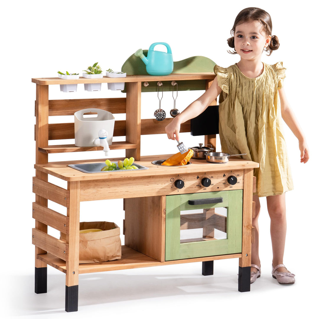 ROBOTIME Grosse Outdoor Matschküche aus Holz für Kinder, Deluxe Spielküche mit Wasserhahn, Spüle, Kr