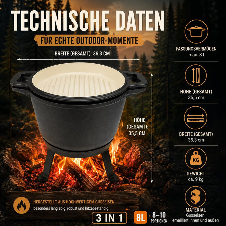 HAGE Emailierter Gusseisen Kessel 8L mit Grillpfanne Dutch Oven Feuertopf Gulaschkessel für Lagerfeu