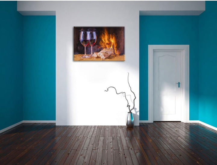 Pixxprint Wein und Baguette am Kamin Pinsel Effekt, Format: 100x70 auf Leinwand, 100x70