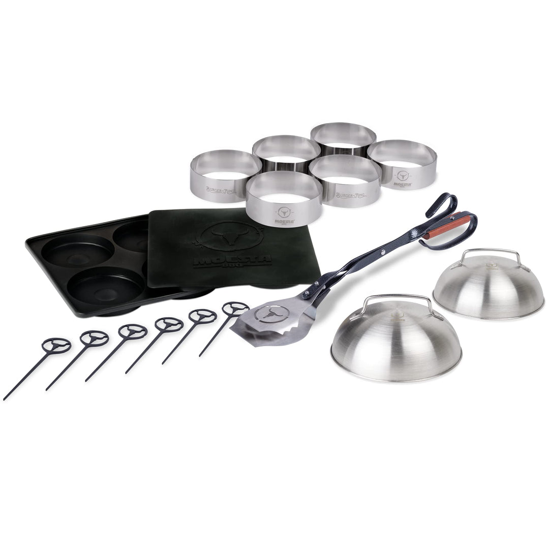 MOESTA-BBQ Burgerset 19749 Ultimate – 16-teilig – Mix mit Presse, Zange, Glocke, Spiess, Ring – Ausr