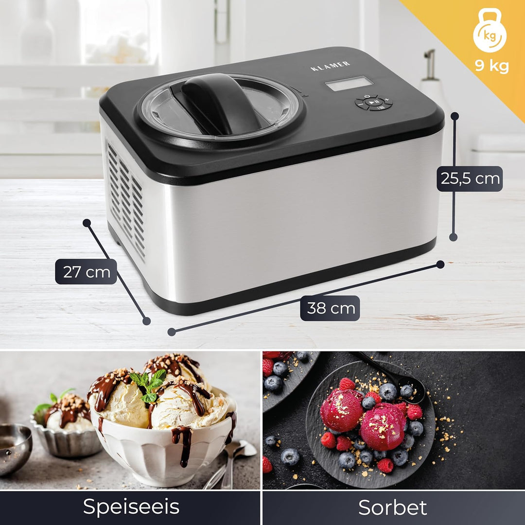 KLAMER Eismaschine 1,5L, 120 W Eiscrememaschine aus Edelstahl mit Kühlfunktion, hausgemachtes Speise