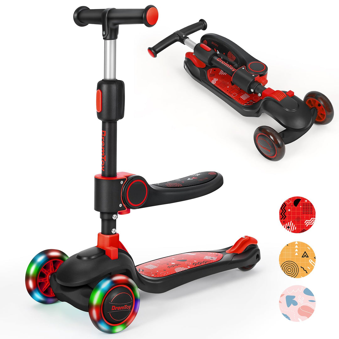 BremToy Kinderroller mit Sitz, Tretroller mit LED Rädern, Kinder Scooter mit Höhenverstellbarem Lenk