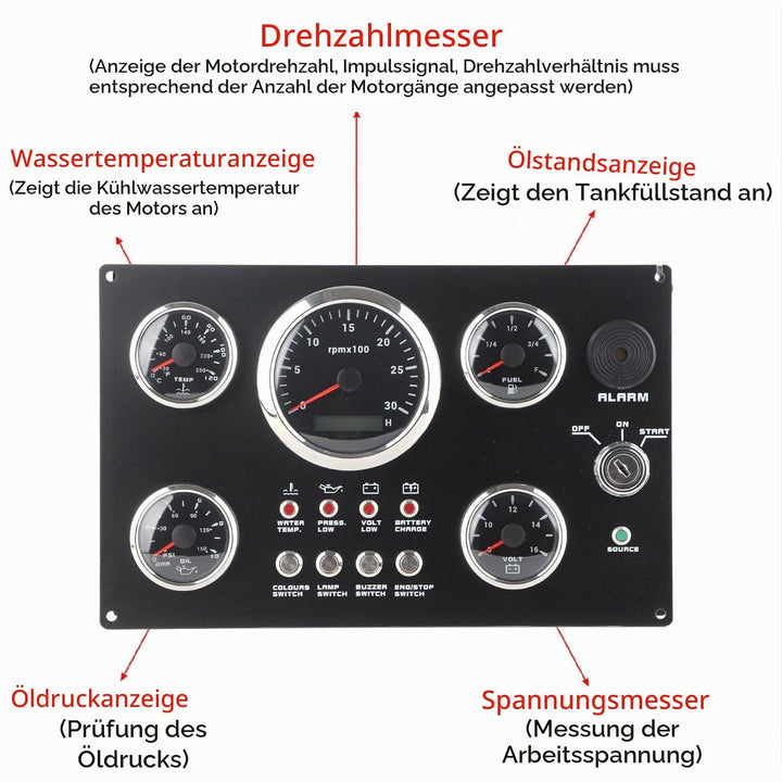 Tyenaza Bootsmessgerät-Set, Instrumententafel, 12 V, Spannungsanzeige, Drehzahlmesser, Wassertempera