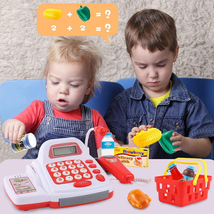 TOEY PLAY Kasse Kaufladen Kinder, Kinderkasse mit Scanner und Sound Mikrofon, Kasse Spielzeug, Kaufl