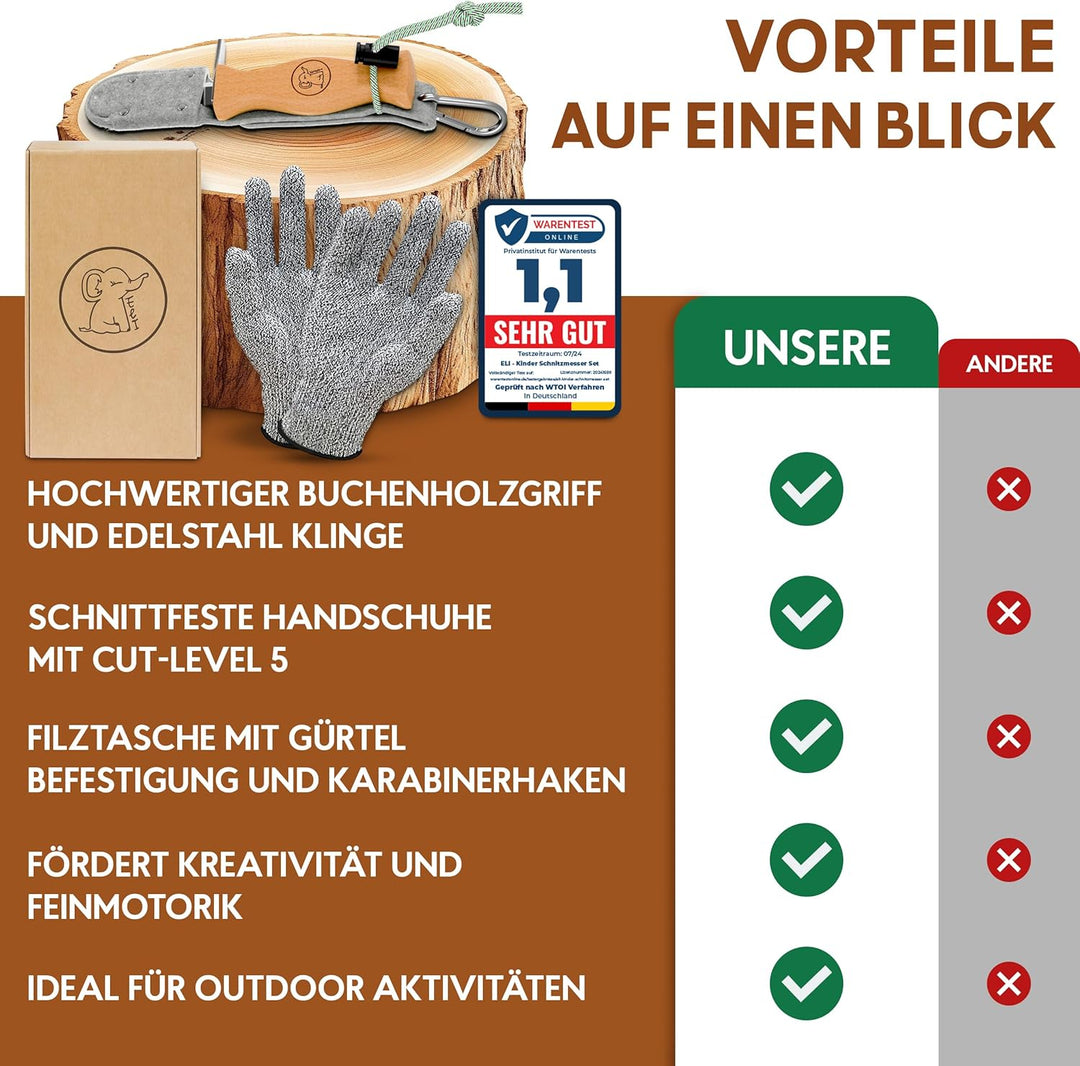 Eli® Schnitzmesser Kinder mit Filztasche und Schnitzholz ab 6 Jahre - hochwertiges Kindermesser Schn