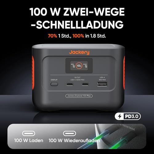 Jackery Explorer 100 Plus Tragbare Powerstation mit 100W Solarpanel, 99Wh LiFePO4-Akku Schnellladung