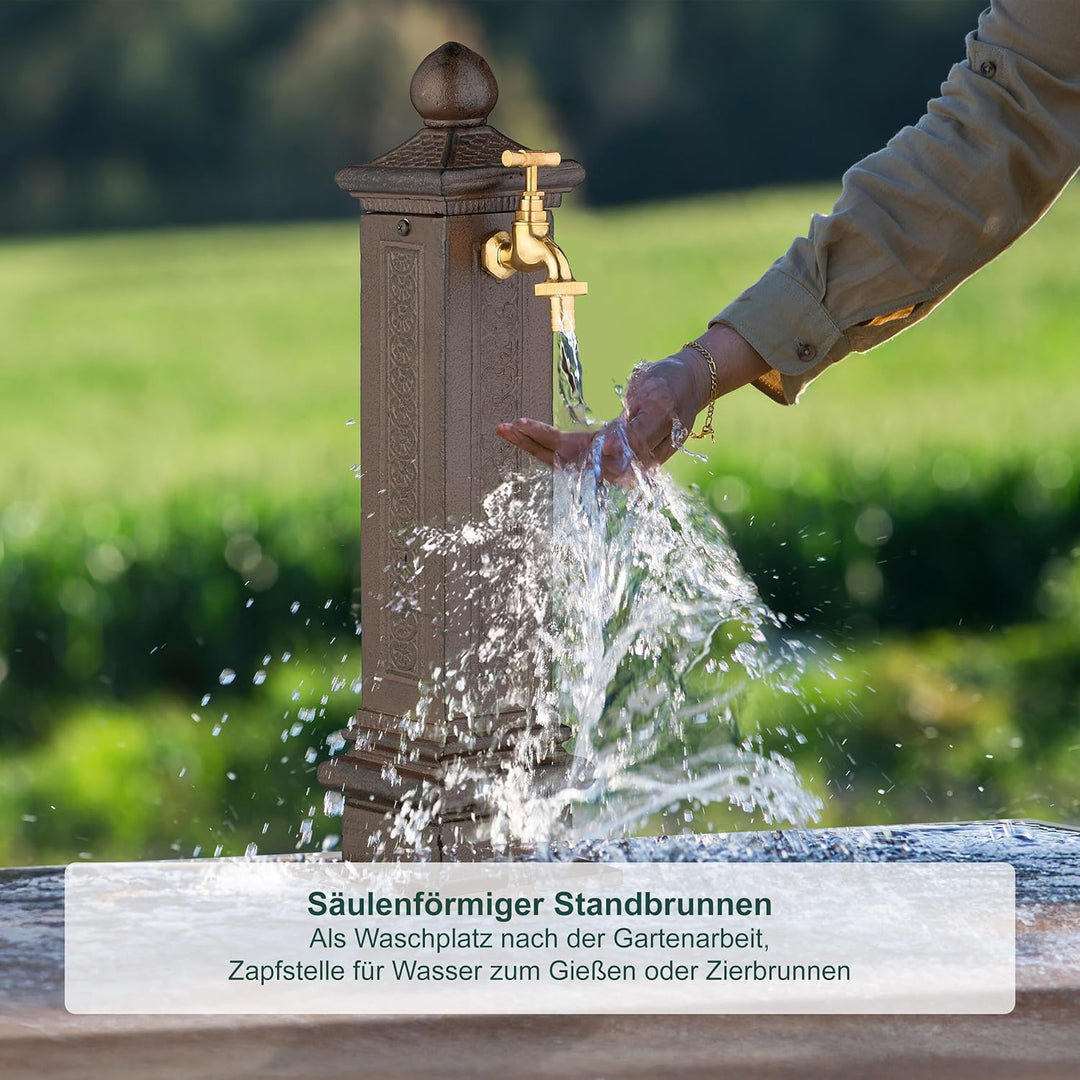Relaxdays Standbrunnen antik, mit Wasserhahn, HBT: 47x14x18,5 cm, Wasserzapfsäule Garten, Terrasse,