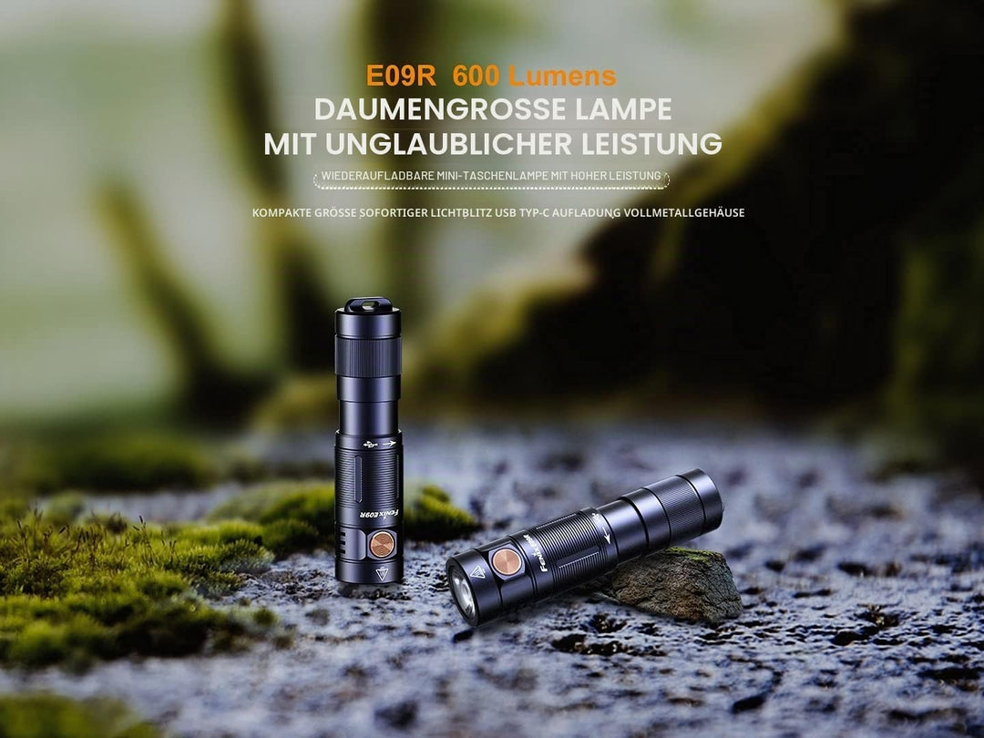 Fenix E09R 600 Lumen USB-C wiederaufladbare EDC Schlüsselanhänger Taschenlampe mit LumenTac Organize
