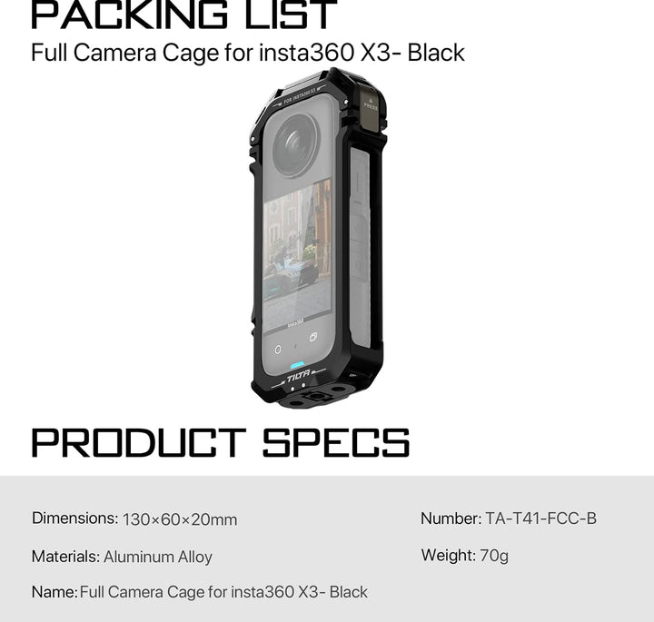 Tilta Voller Kamerakäfig kompatibel mit Insta360 X3 mit drehbarer Unterstützung, Kaltschuh-Empfänger