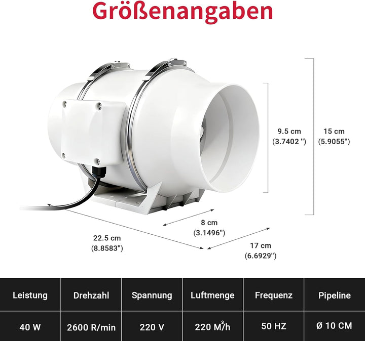 Regelbar Rohrventilator 100mm, 220 m³/h, Drehzahlgeregelt Rohrlüfter mit Stecker für Growzelt, Indoo