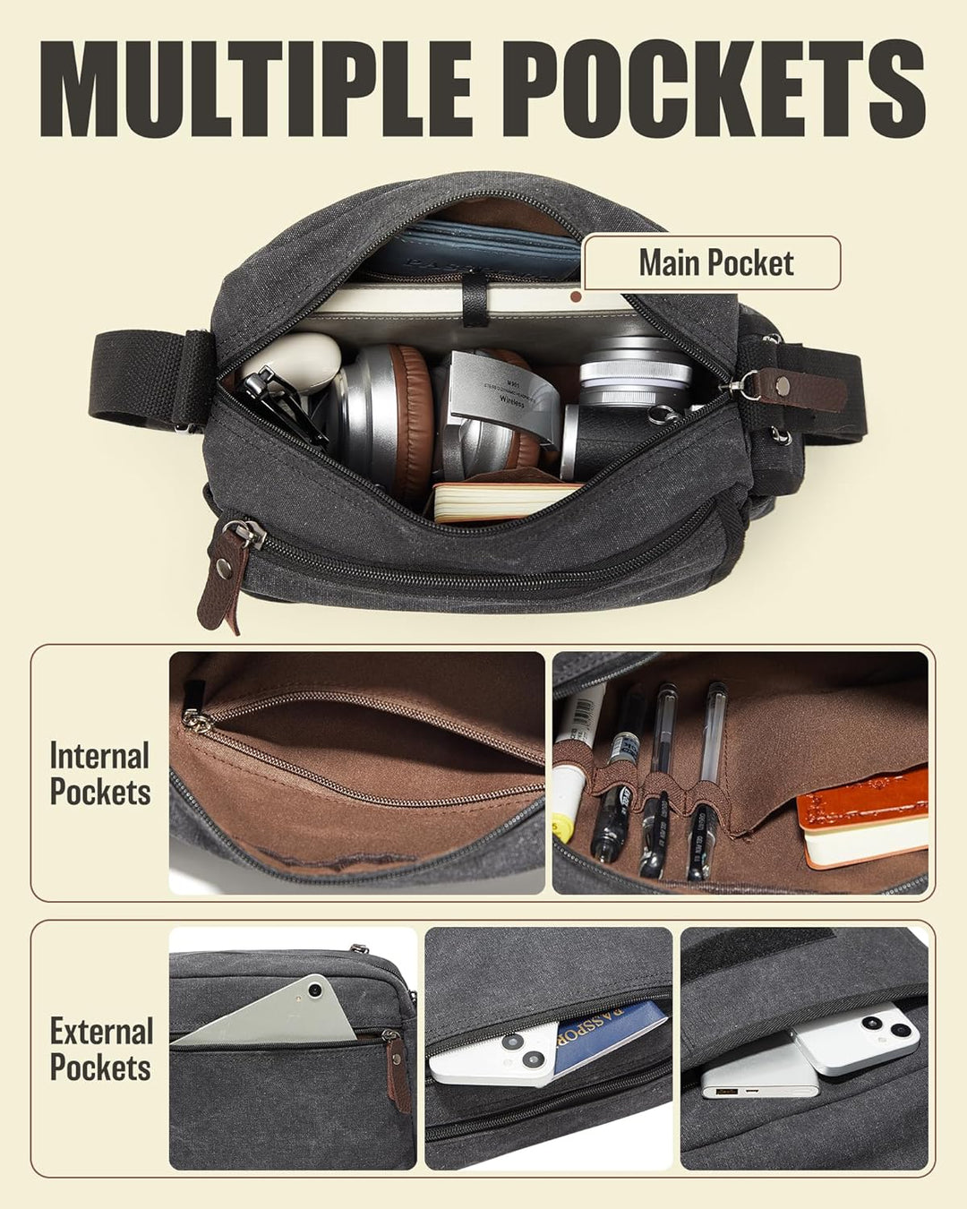 Umhängetaschen Herren aus Canvas, Vintage Canvas Messenger Bag, Laptoptasche 15.6 Zoll Arbeitstasche