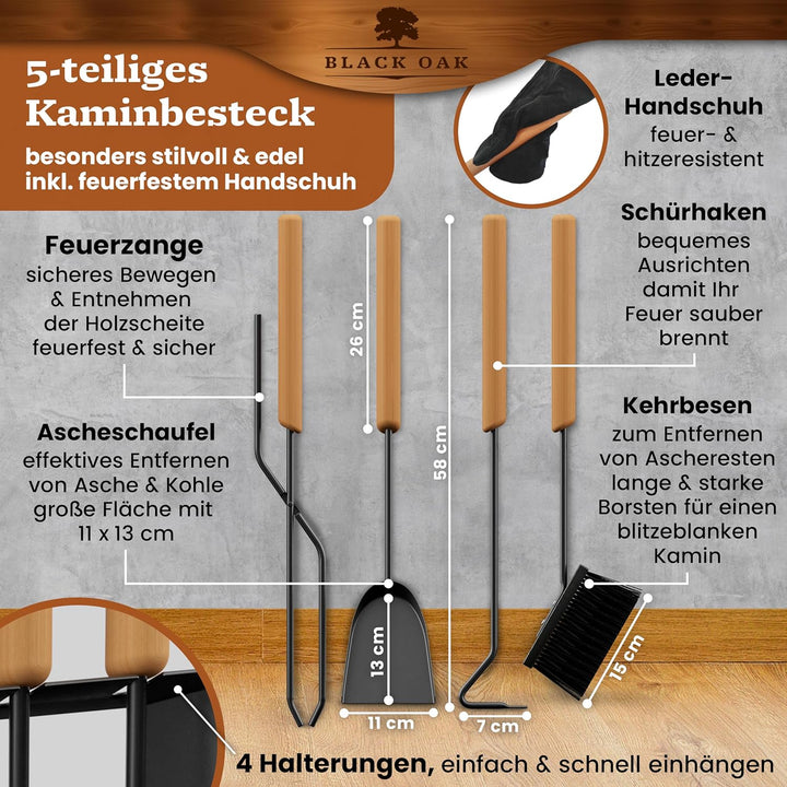 BLACK OAK Kaminbesteck DAVOS 5-teilig mit Lederhandschuh - edles & dekoratives Ofenbesteck Set schwa
