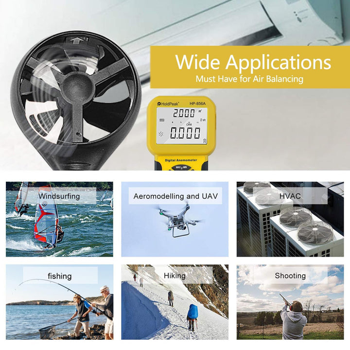 Holdpeak 826 A Anemometer, digital, Windgeschwindigkeit/Temperaturmessgerät mit Datenlogger-Funktion